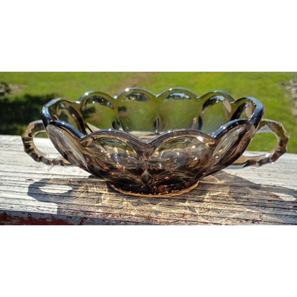 1970's Smoked Pressed Glass Candy Dish Anchor Hocking 7" Fairfield Brown